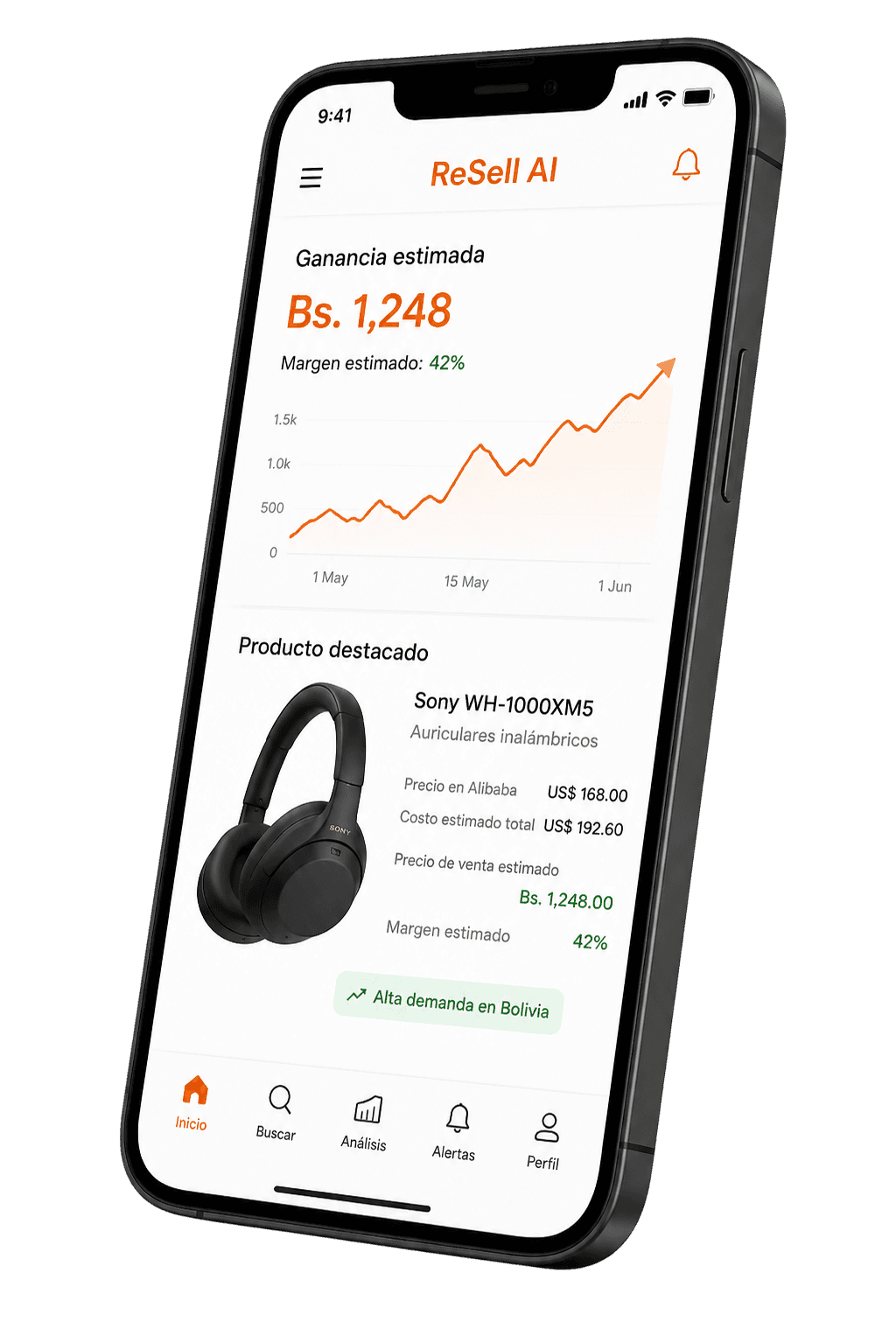 Captura de la app ReSell AI mostrando la ganancia estimada de un producto